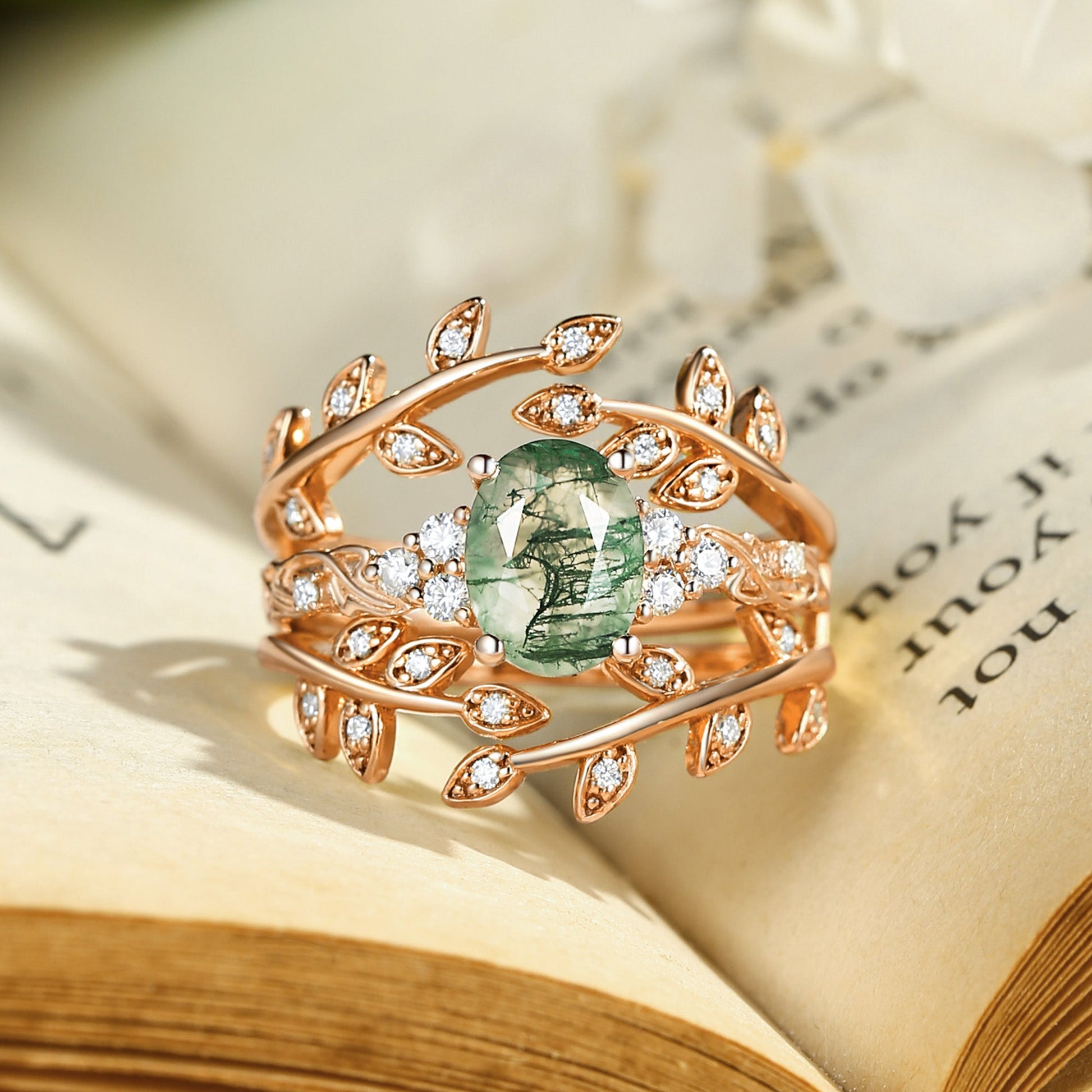 Honorée Moss Agate Leafy Branch Enhancer Ring Set 2pcs