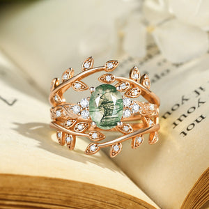 Honorée Moss Agate Leafy Branch Enhancer Ring Set 2pcs