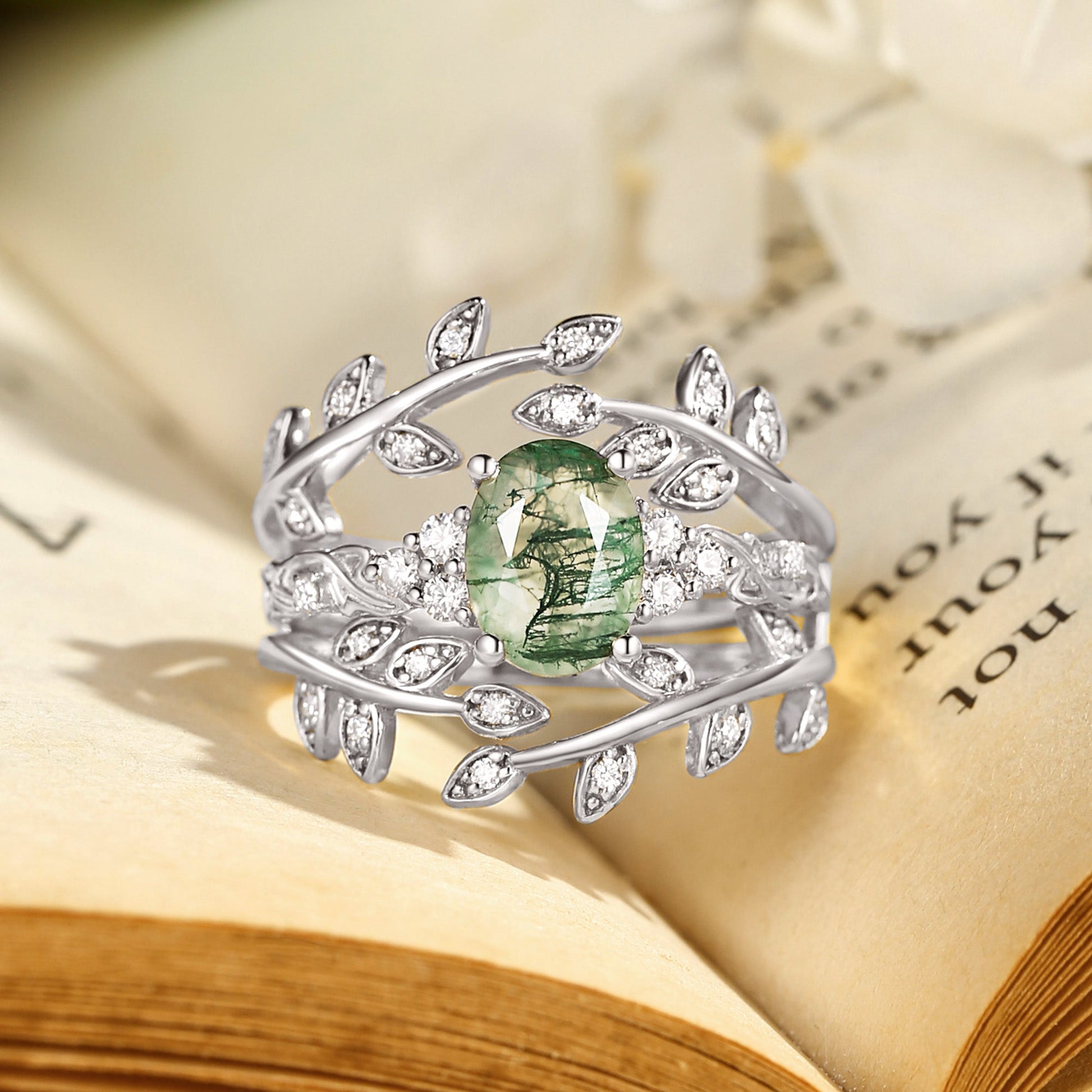 Honorée Moss Agate Leafy Branch Enhancer Ring Set 2pcs