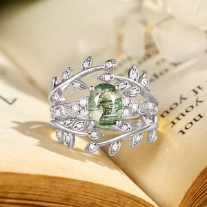 Honorée Moss Agate Leafy Branch Enhancer Ring Set 2pcs
