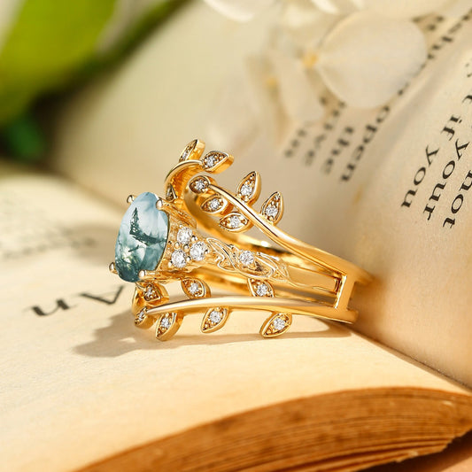 Honorée Moss Agate Leafy Branch Enhancer Ring Set 2pcs