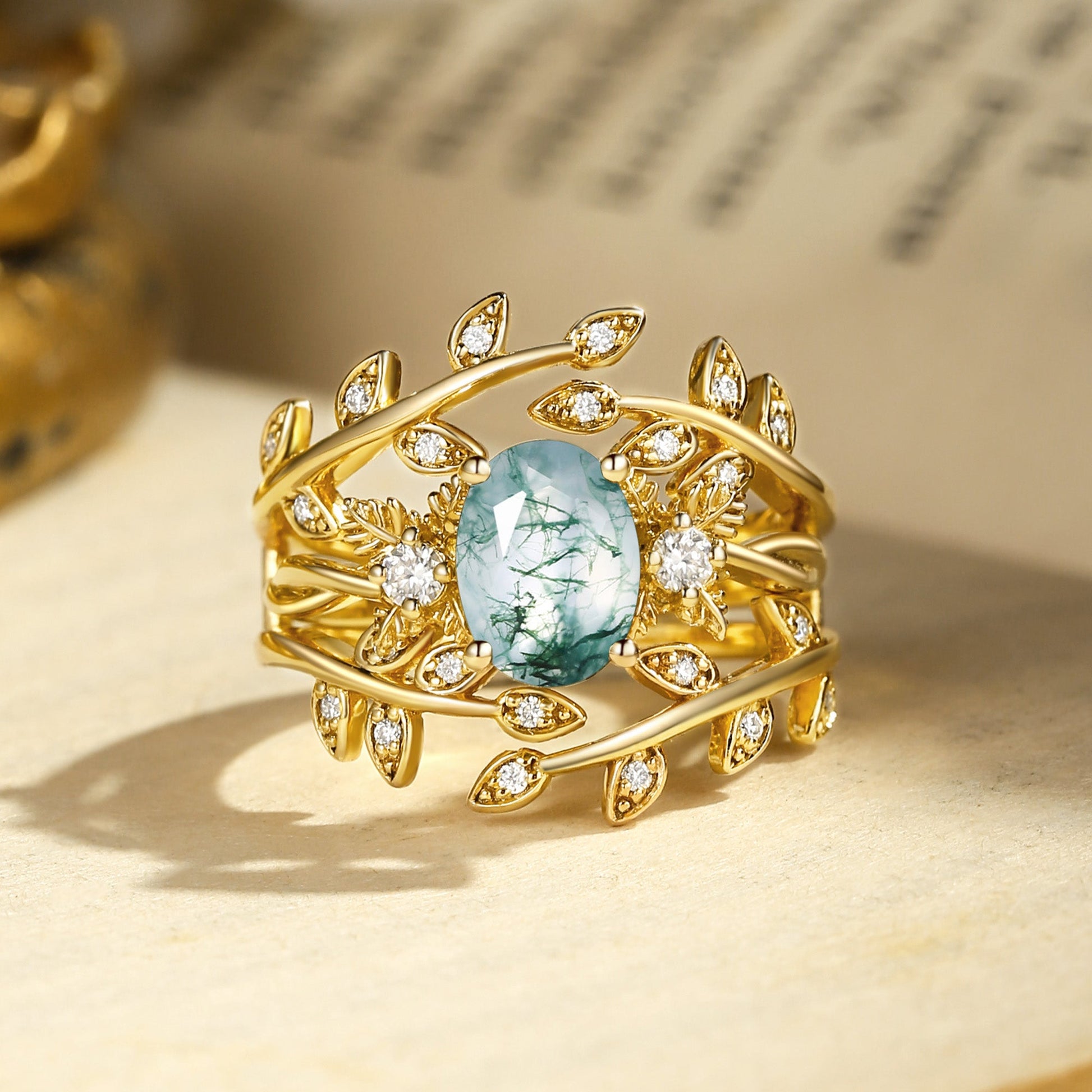 Léonie Oval Cut Moss Agate Leafy Enhancer Ring Set 2pcs