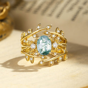 Léonie Oval Cut Moss Agate Leafy Enhancer Ring Set 2pcs