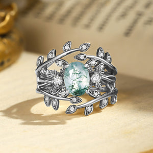 Léonie Oval Cut Moss Agate Leafy Enhancer Ring Set 2pcs