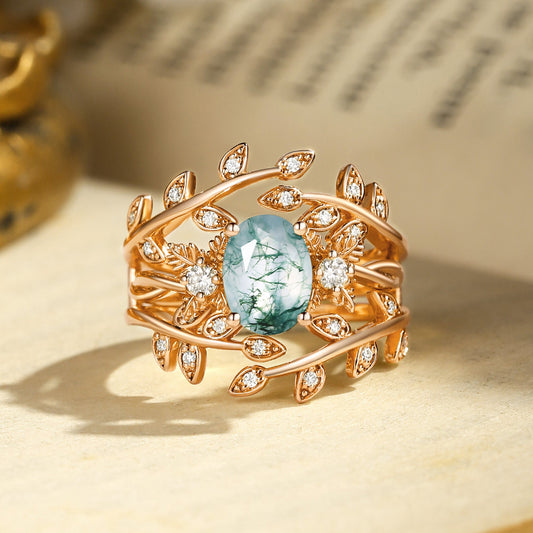 Léonie Oval Cut Moss Agate Leafy Enhancer Ring Set 2pcs