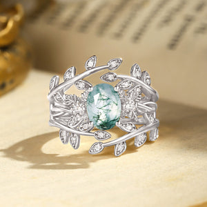 Léonie Oval Cut Moss Agate Leafy Enhancer Ring Set 2pcs