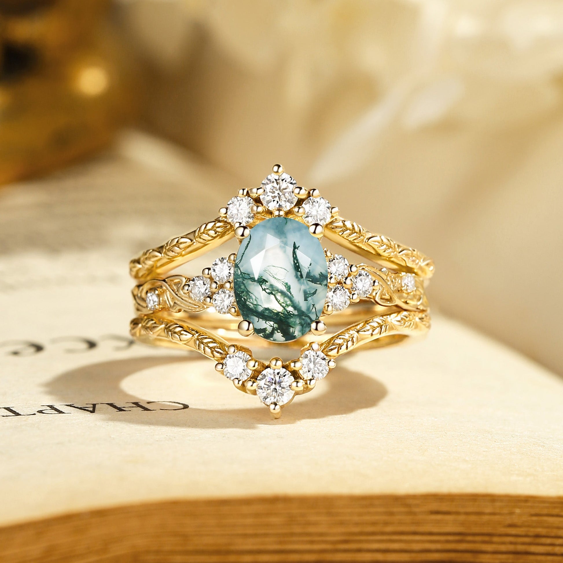 Hazel Blingflare Oval Moss Agate Filigree Ring Bridal Set 2pcs