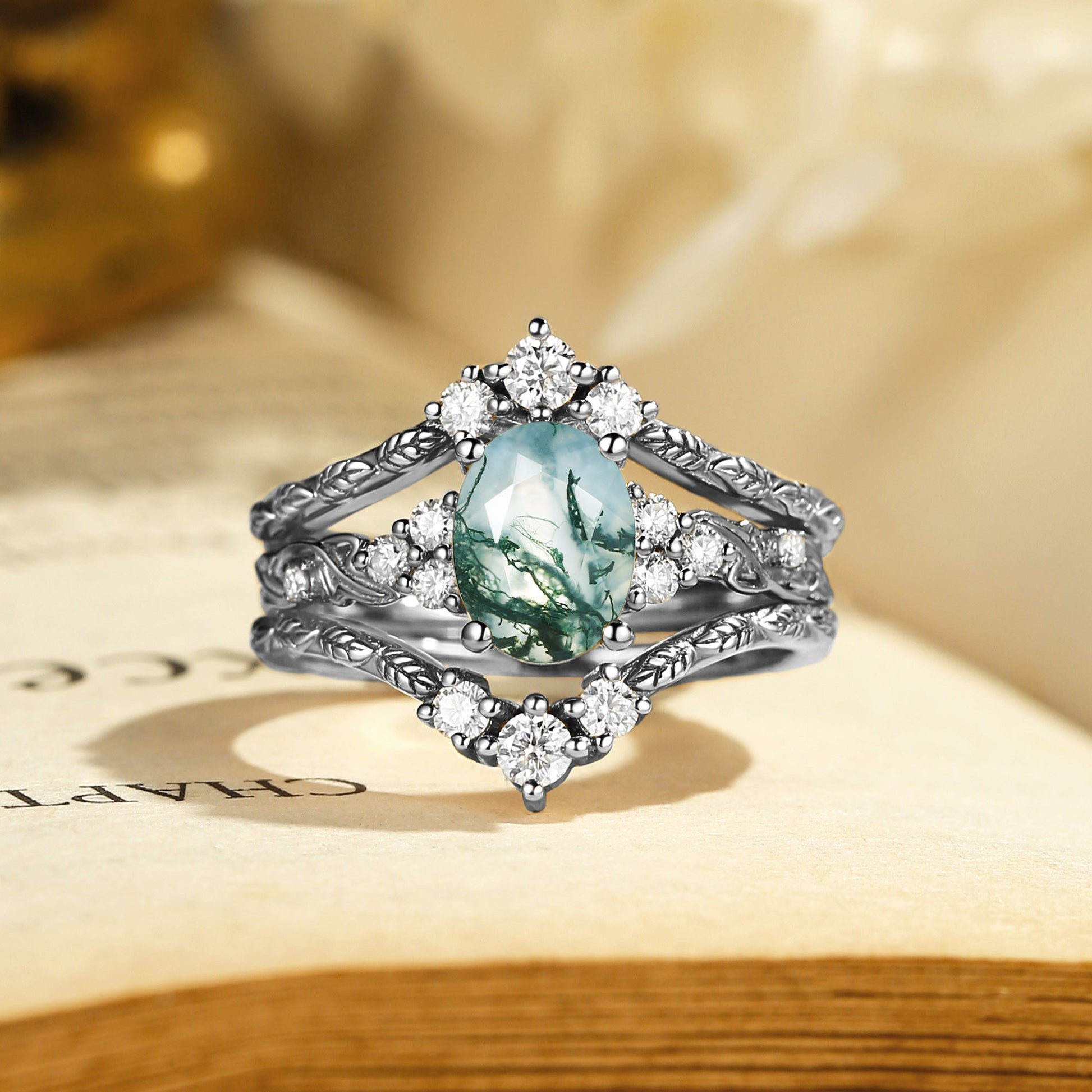 Hazel Blingflare Oval Moss Agate Filigree Ring Bridal Set 2pcs