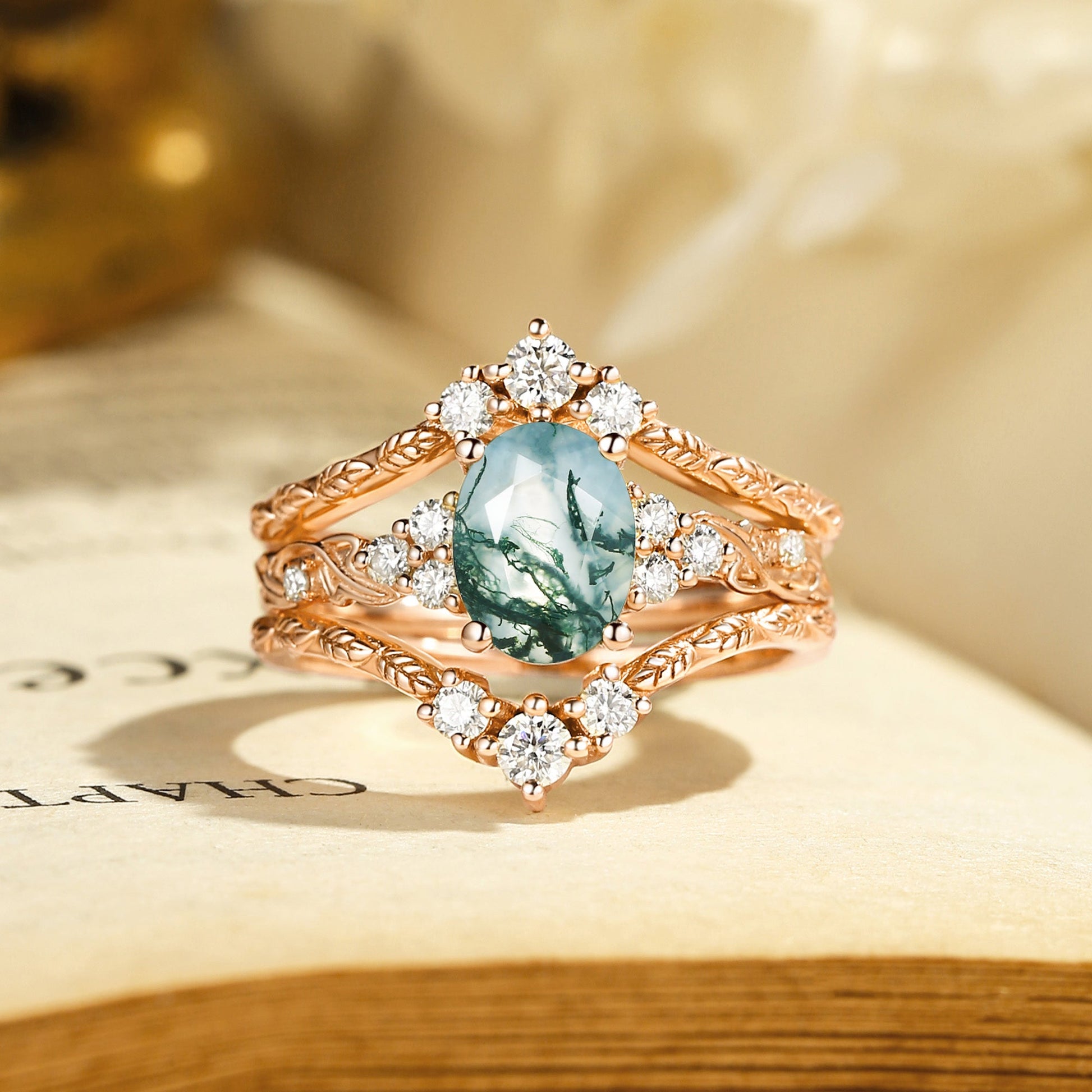 Hazel Blingflare Oval Moss Agate Filigree Ring Bridal Set 2pcs