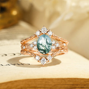 Hazel Blingflare Oval Moss Agate Filigree Ring Bridal Set 2pcs