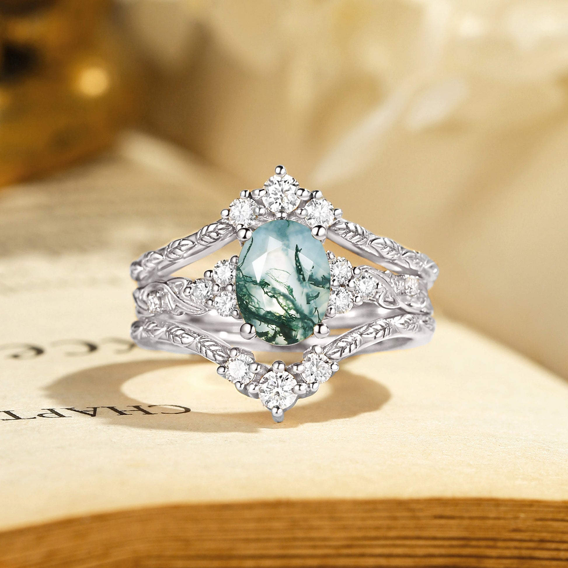 Hazel Blingflare Oval Moss Agate Filigree Ring Bridal Set 2pcs