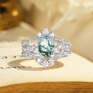 Hazel Blingflare Oval Moss Agate Filigree Ring Bridal Set 2pcs