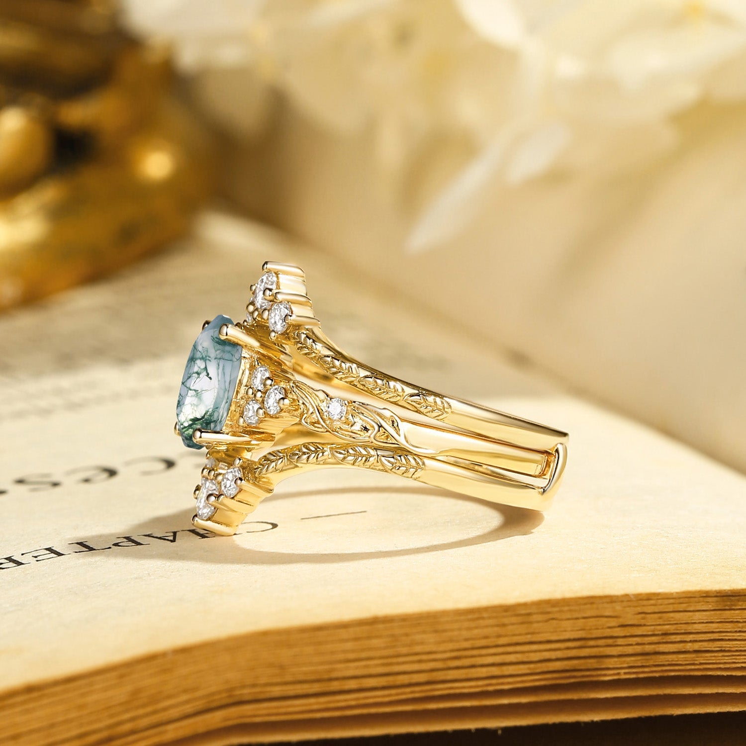 Hazel Blingflare Oval Moss Agate Filigree Ring Bridal Set 2pcs