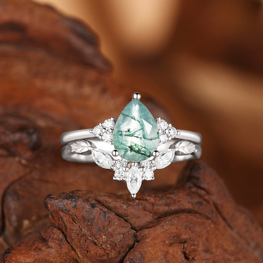 Clarissa Unique Moss Agate Engagement Ring Set 2pcs