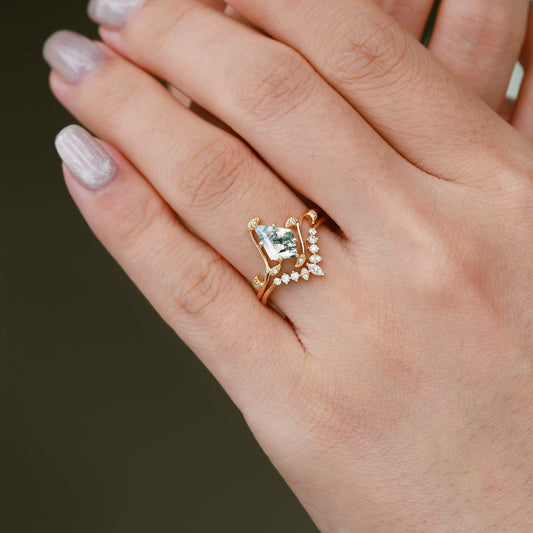 Ivy Unique Kite Cut Moss Agate Leafy Engagement Ring Sets 2pcs