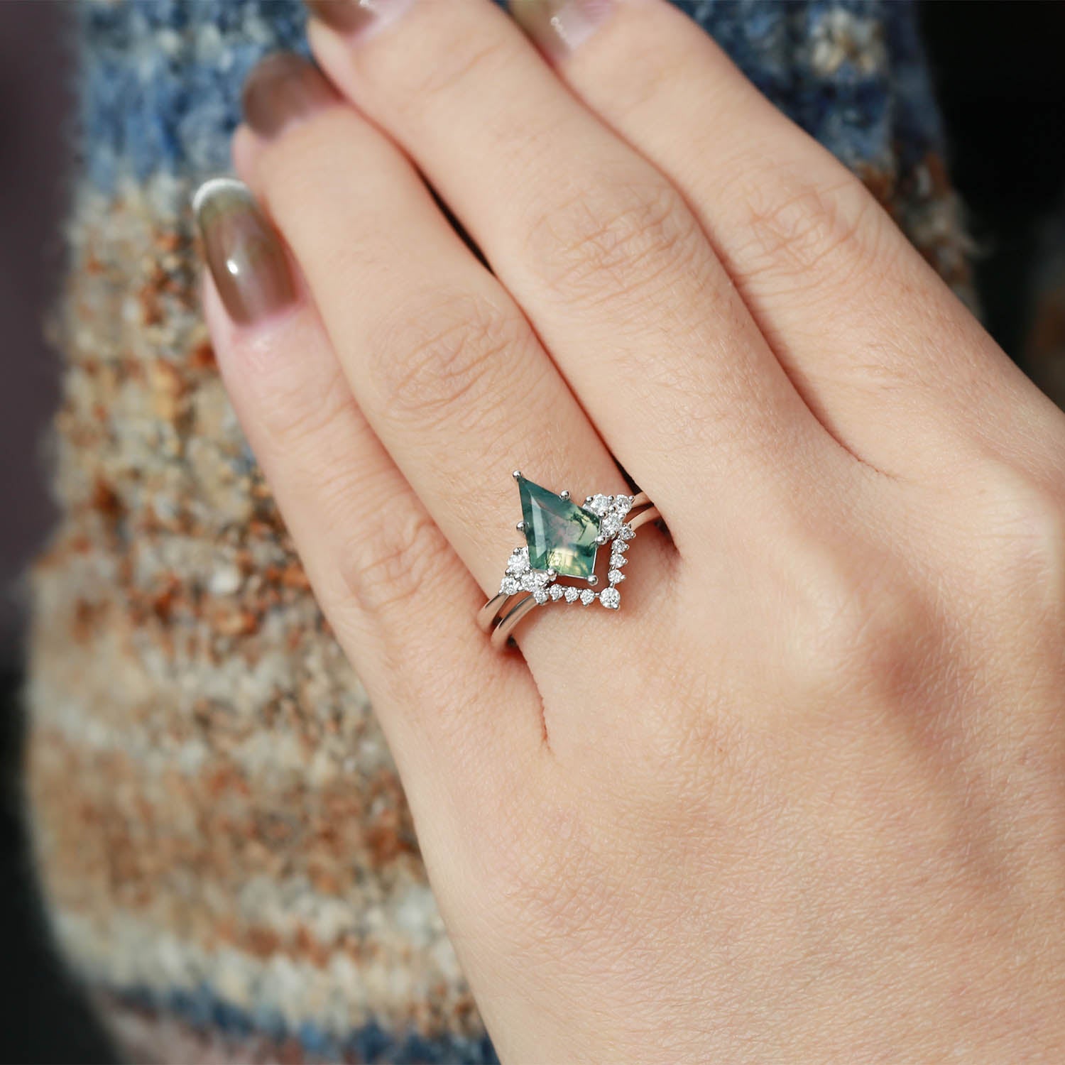 Signature Vintage Moss Agate Engagement Ring Set 2pcs