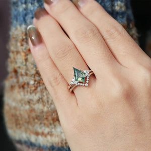 Signature Vintage Moss Agate Engagement Ring Set 2pcs