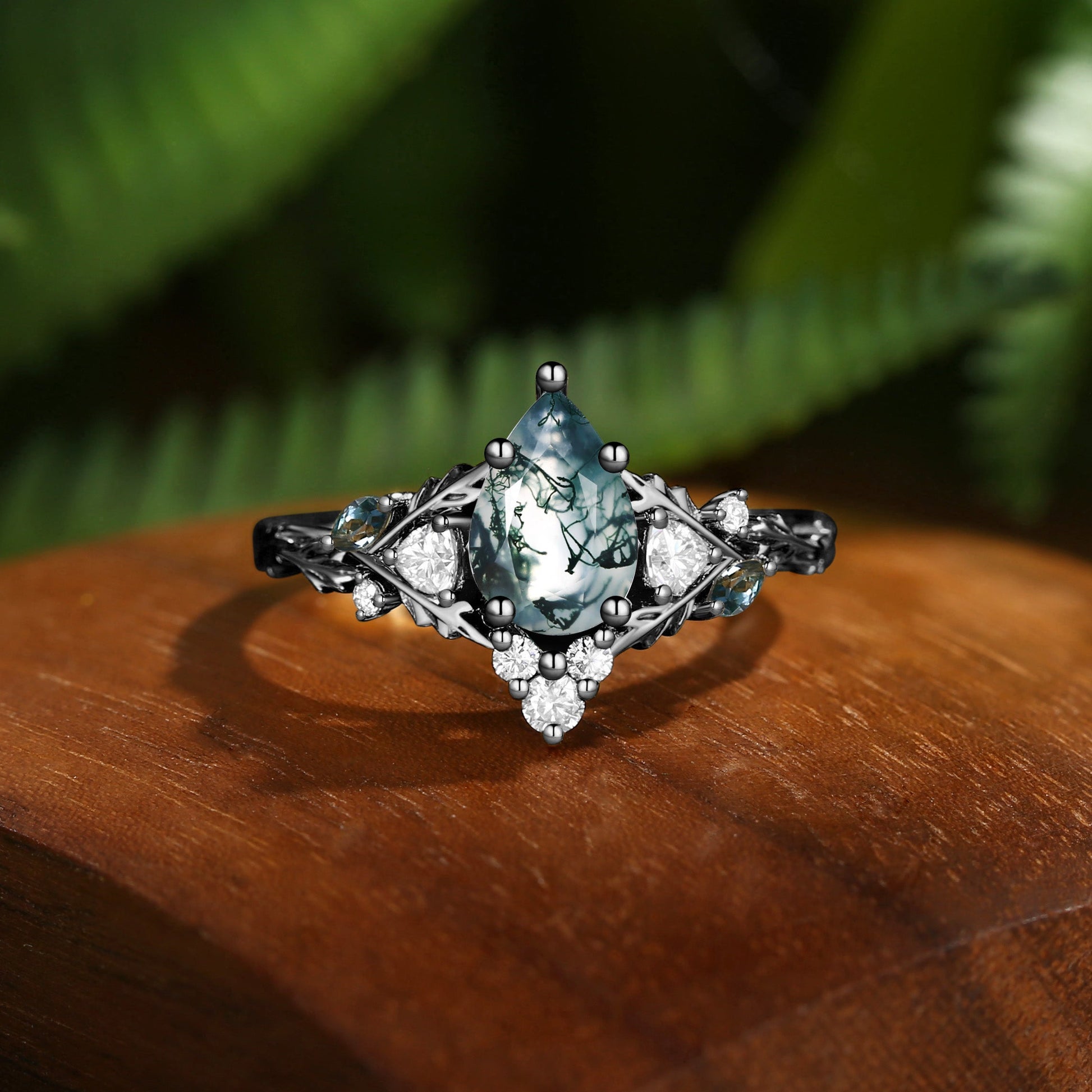 Katriel Pear Cut Lab Moss Agate Oak Leaf Engagement Ring