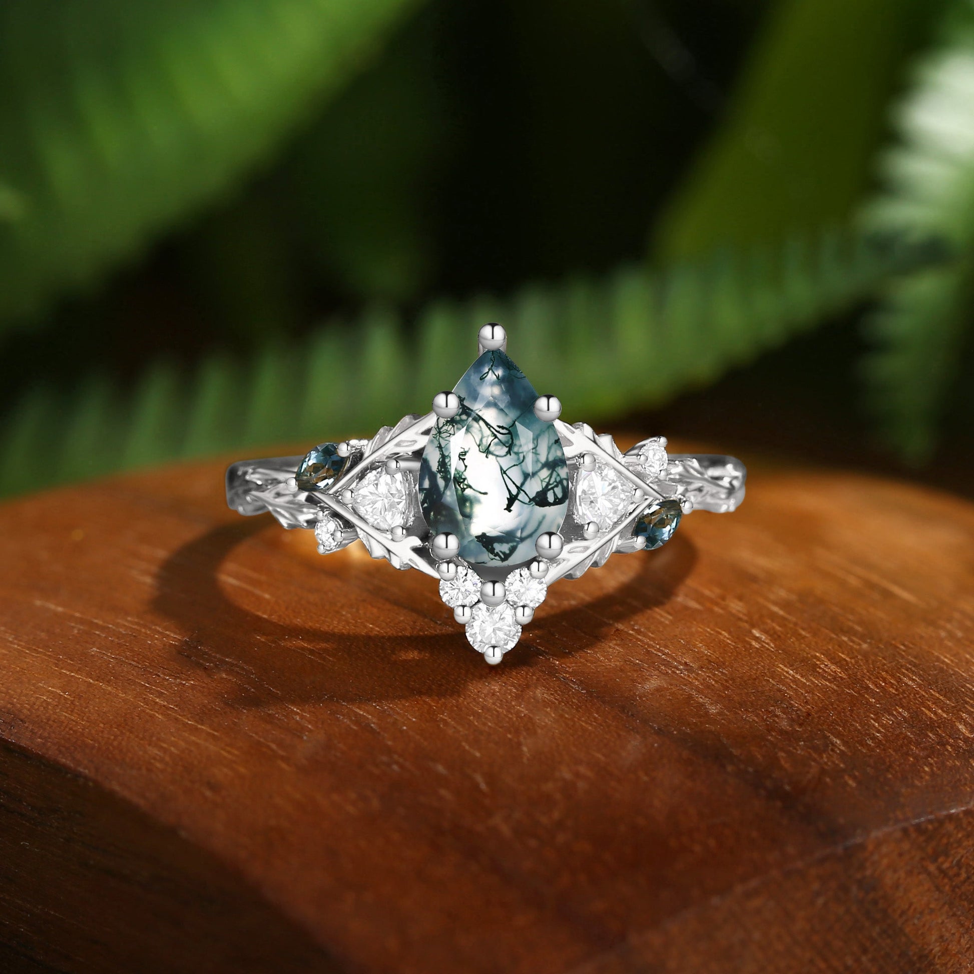 Katriel Pear Cut Lab Moss Agate Oak Leaf Engagement Ring