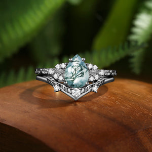 Hortense  Leaf Nature Inspired Pear Cut Moss Agate Engagement Ring Set 2pcs