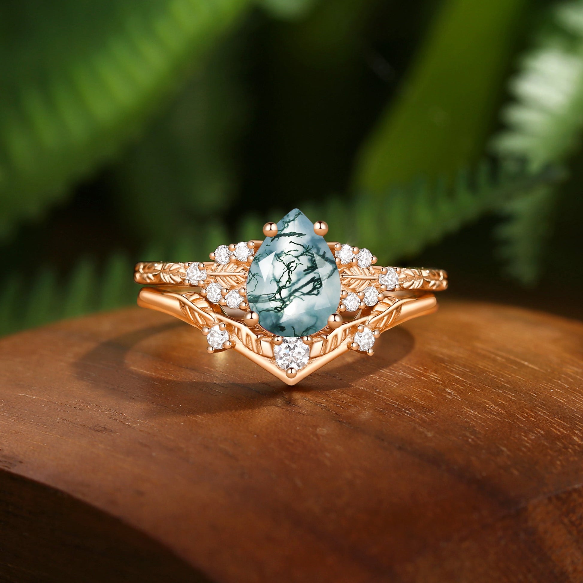 Hortense  Leaf Nature Inspired Pear Cut Moss Agate Engagement Ring Set 2pcs