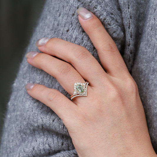 Aadhya Oval Moss Agate Halo Ring Set 2pcs