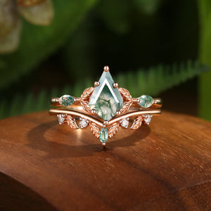 Unique Moss Agate Kite Cut Leaf Ring Set 2pcs