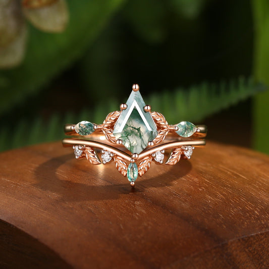 Unique Moss Agate Kite Cut Leaf Ring Set 2pcs