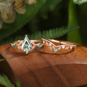 Unique Moss Agate Kite Cut Leaf Ring Set 2pcs