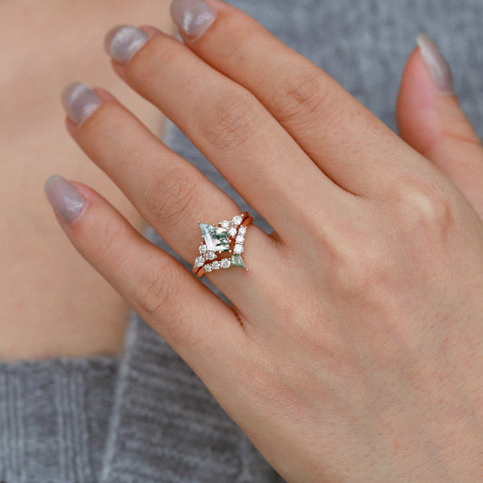 Twin Flames - Black Gold Kite Cut Unique Moss Agate Ring Sets 2pcs