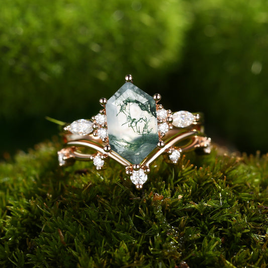 Elongated Hexagon Moss Agate Twig Engagement Ring Set 2pcs - Ona
