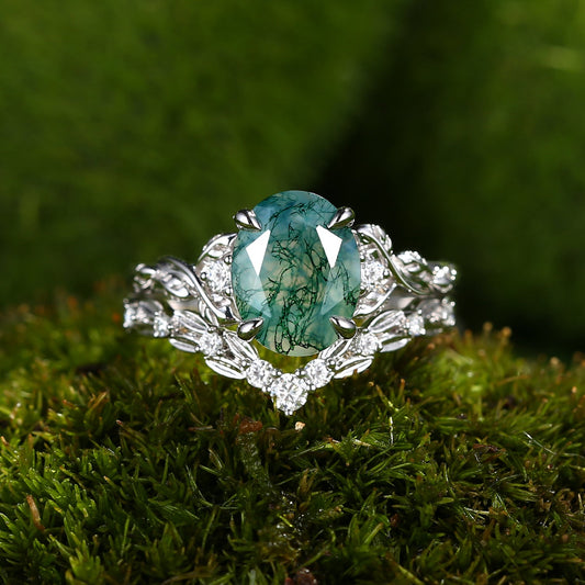 Unique Moss Agate Leafy Engagement Ring Sets 2pcs