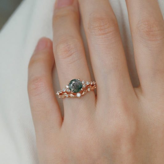 Black Gold Round Shaped Leafy Moss Agate Engagement Ring Sets 2PCS