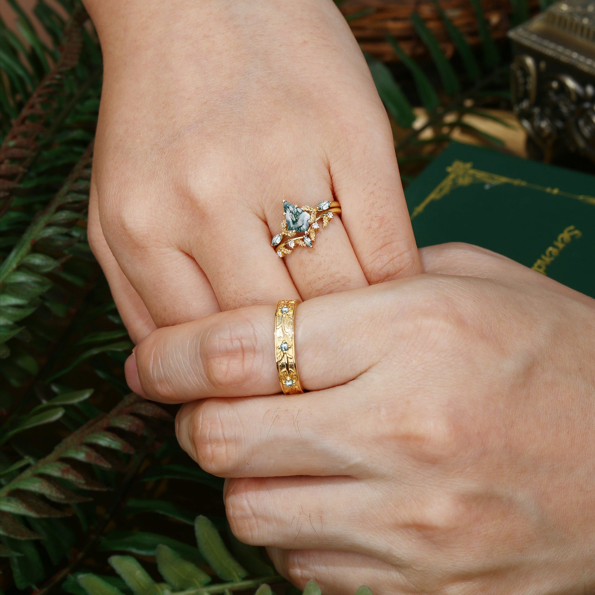 Sylvie’s Bower | Kite Cut Moss Agate Leafy Cluster Couple Ring Set 3pcs