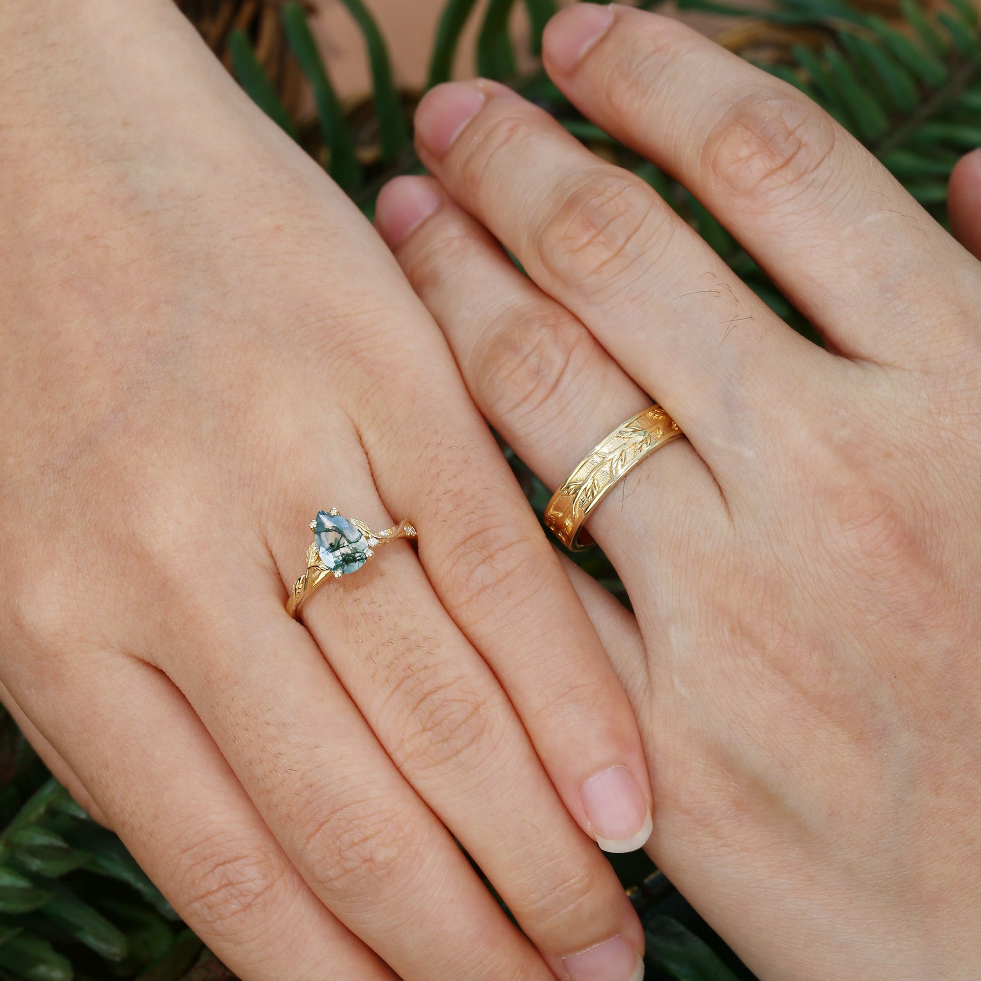 Constance Pear Cut Moss Agate & Leaf Wedding Band Couple Ring