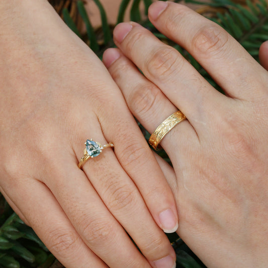 Constance Pear Cut Moss Agate & Leaf Wedding Band Couple Ring