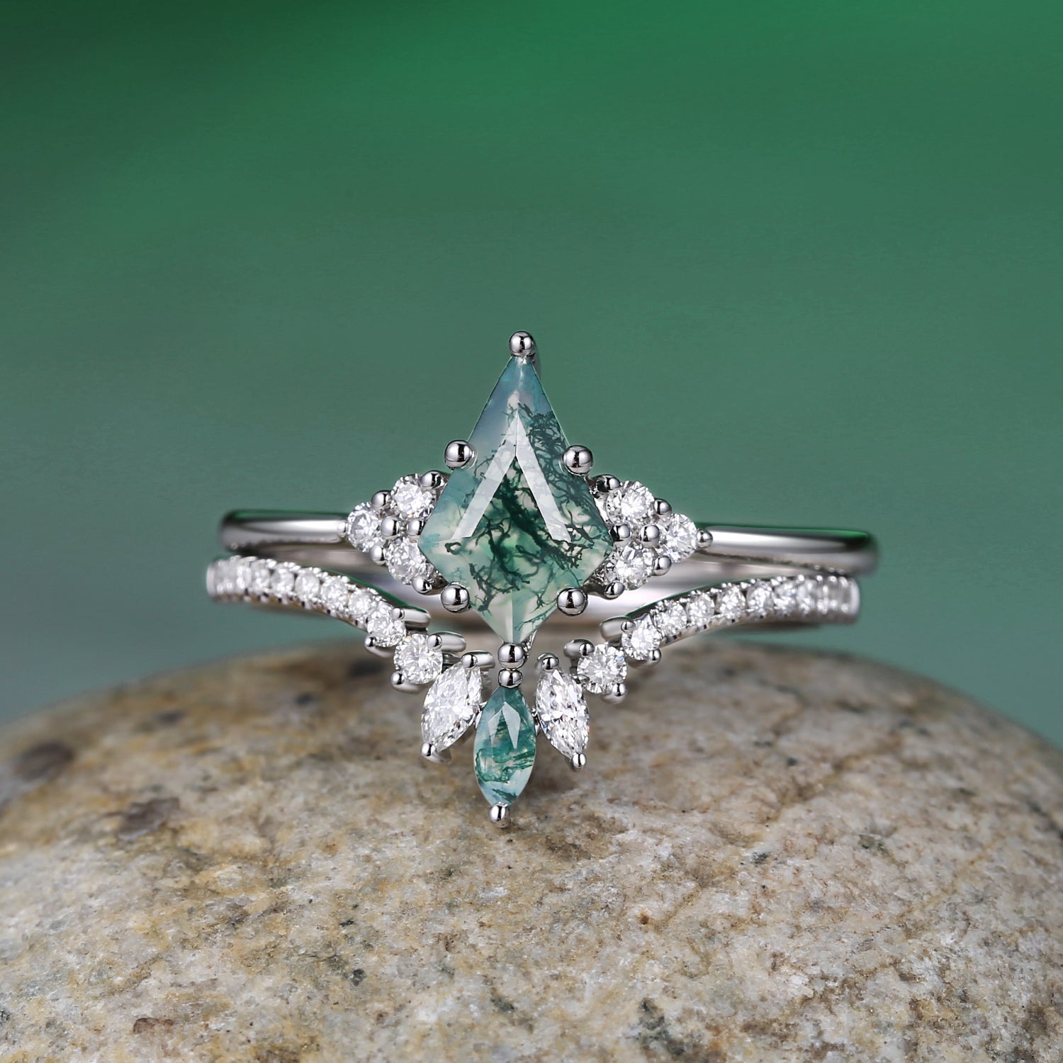 Unique Moss Agate Cluster Engagement Ring Set 2pcs - Lydia