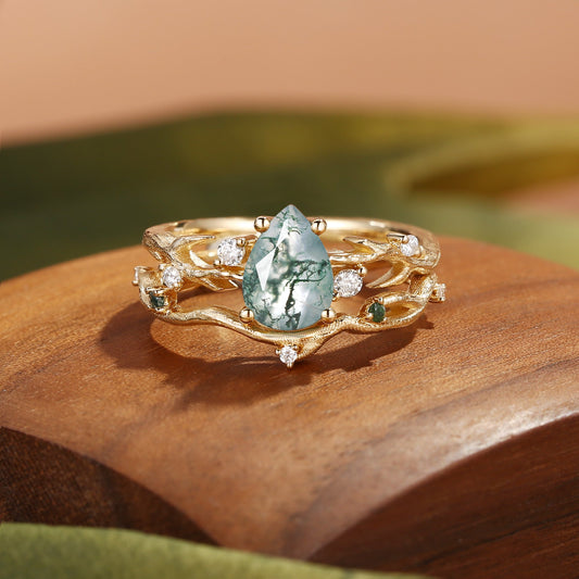 Camellia Pear Cut Moss Agate Branch Leafy Bridal Set 2pcs