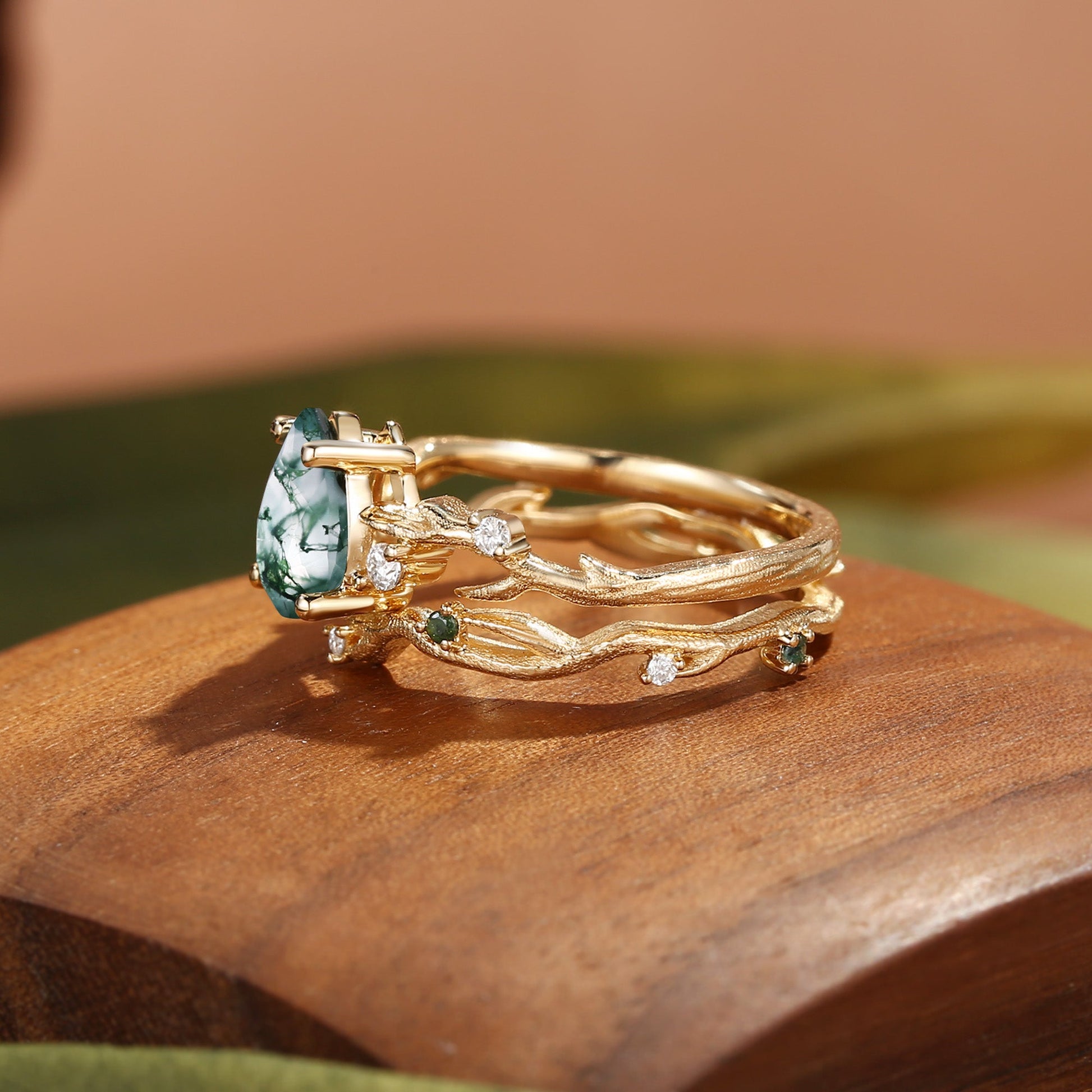 Camellia Pear Cut Moss Agate Branch Leafy Bridal Set 2pcs