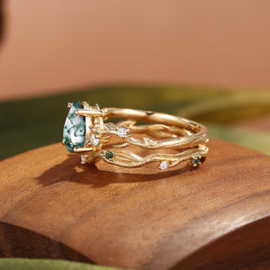 Camellia Pear Cut Moss Agate Branch Leafy Bridal Set 2pcs