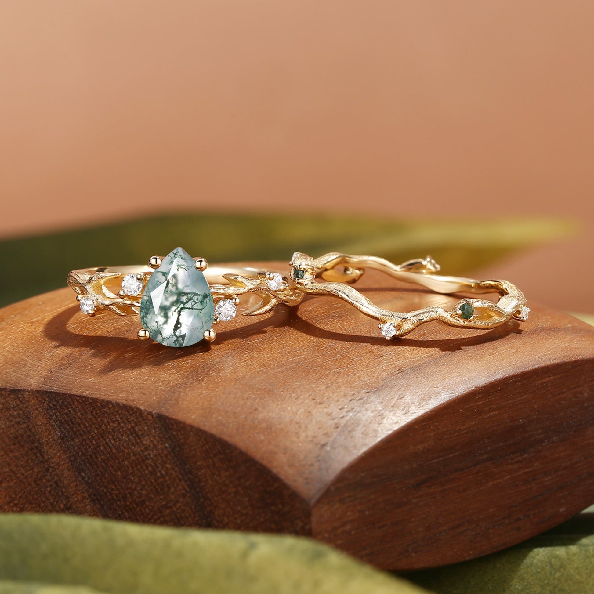 Camellia Pear Cut Moss Agate Branch Leafy Bridal Set 2pcs