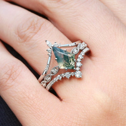 Vintage Kite Cut Moss Agate Engagement Ring Set 3pcs