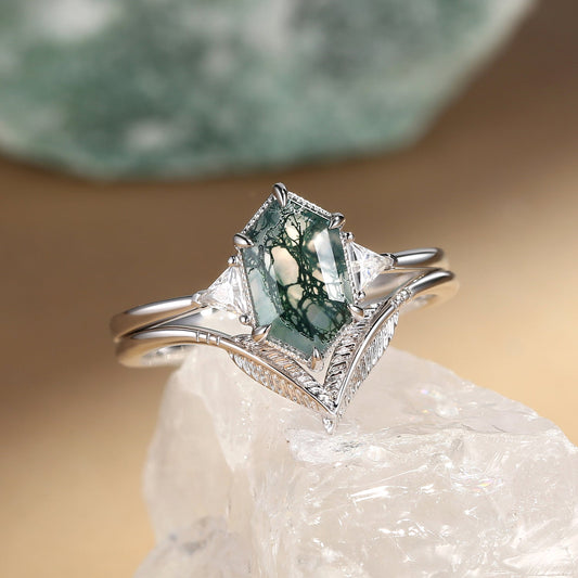 Long Hexagon Big Moss Agate Coconut Tree Leafy Ring Set 2pcs - Ariel