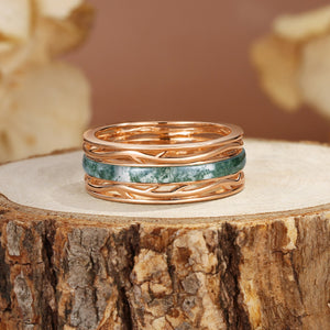 8MM Moss Agate Branch Yellow Gold Men Rings