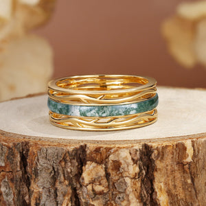 8MM Moss Agate Branch Yellow Gold Men Rings