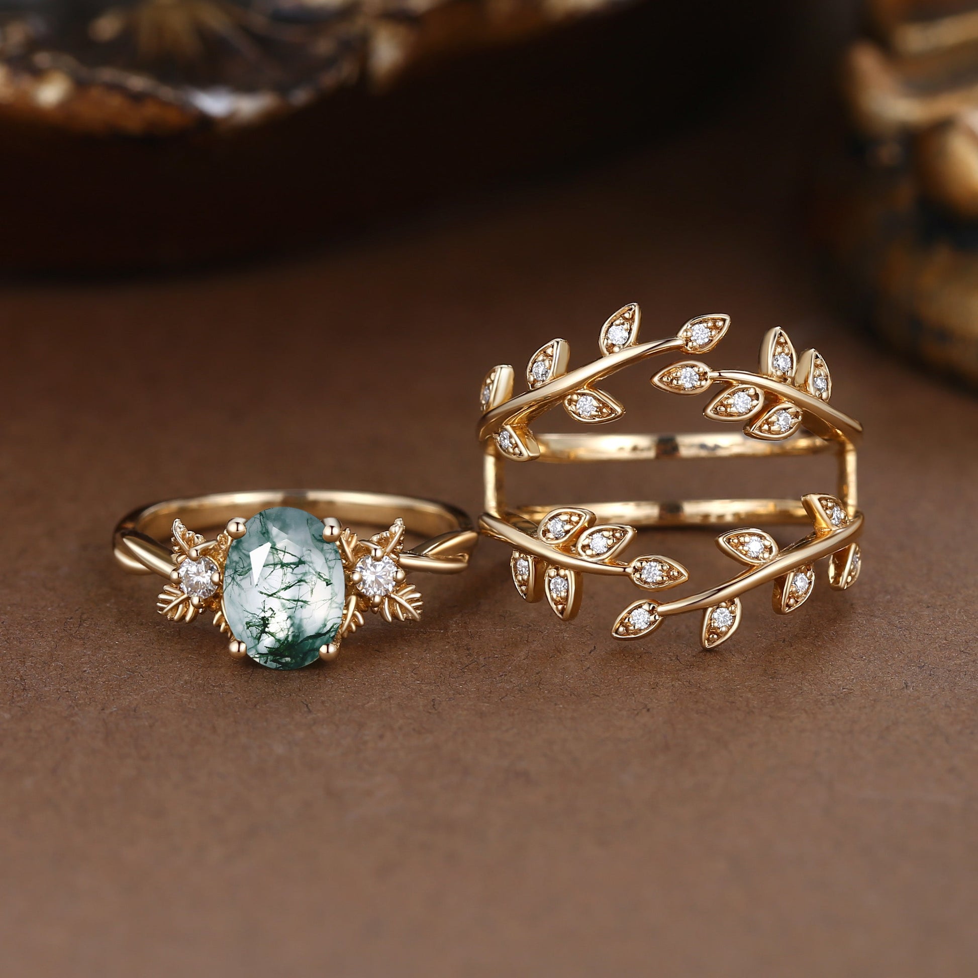 Léonie Oval Cut Moss Agate Leafy Enhancer Ring Set 2pcs