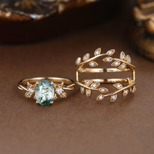 Léonie Oval Cut Moss Agate Leafy Enhancer Ring Set 2pcs