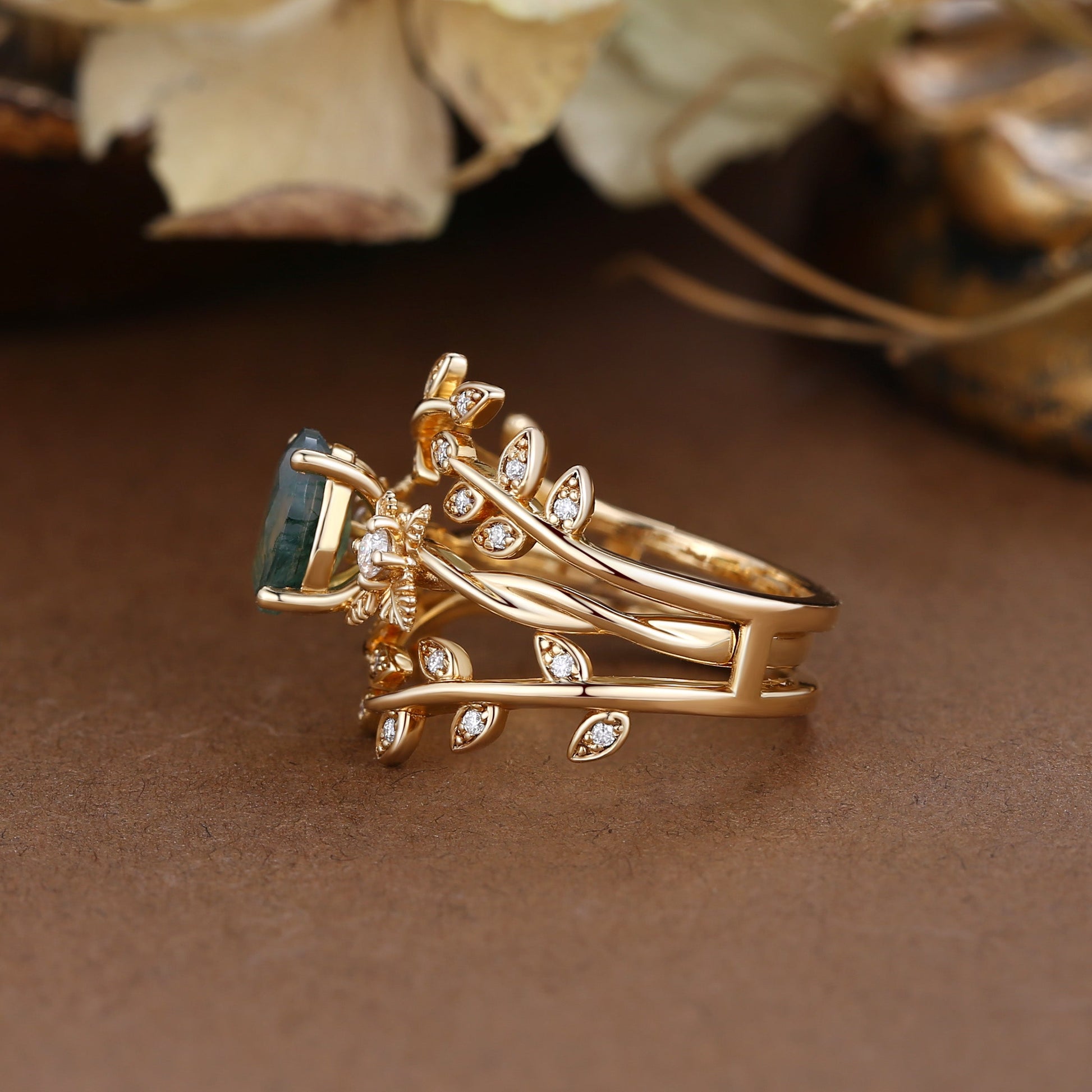 Léonie Oval Cut Moss Agate Leafy Enhancer Ring Set 2pcs