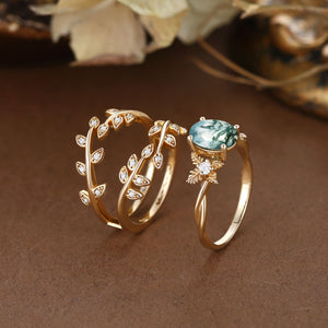 Léonie Oval Cut Moss Agate Leafy Enhancer Ring Set 2pcs