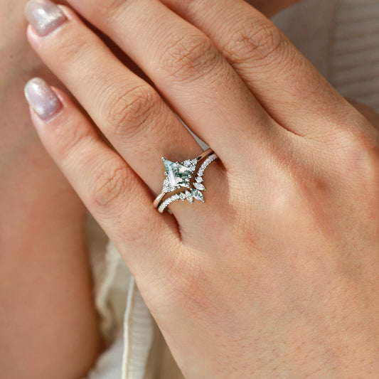 Lydia Unique Moss Agate Cluster Engagement Ring Set 2pcs